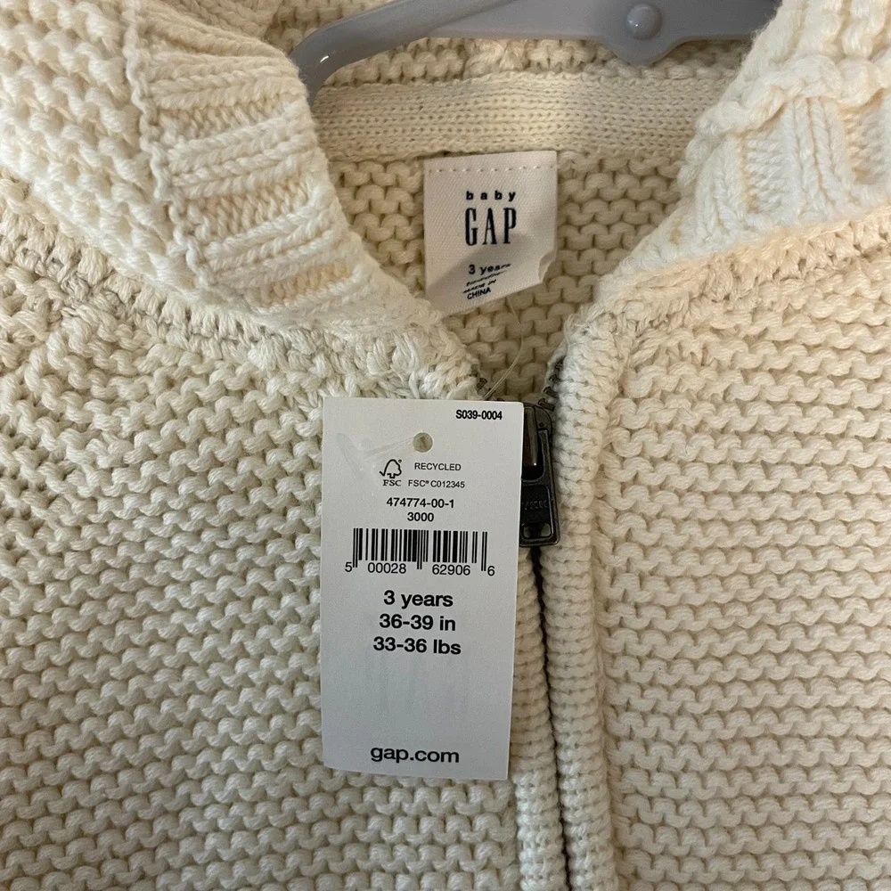 Baby Gap Kids Ivory Frost Garter Stitch Full Zip‎ Hooded Sweater 3T NWT Preppy